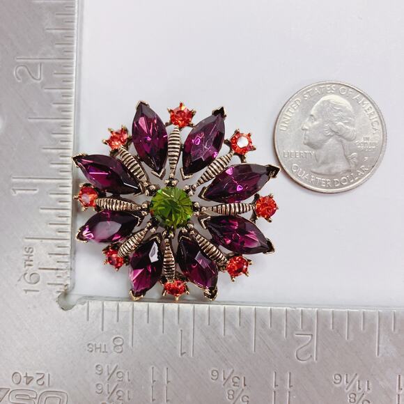 Signed Graziano Jewel Tone Green Purple Rhinestone Floral Brooch 1980s Gold Tone - Picture 10 of 10